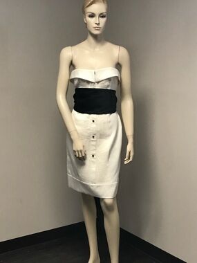 Strapless White Dress with Black Waistband
